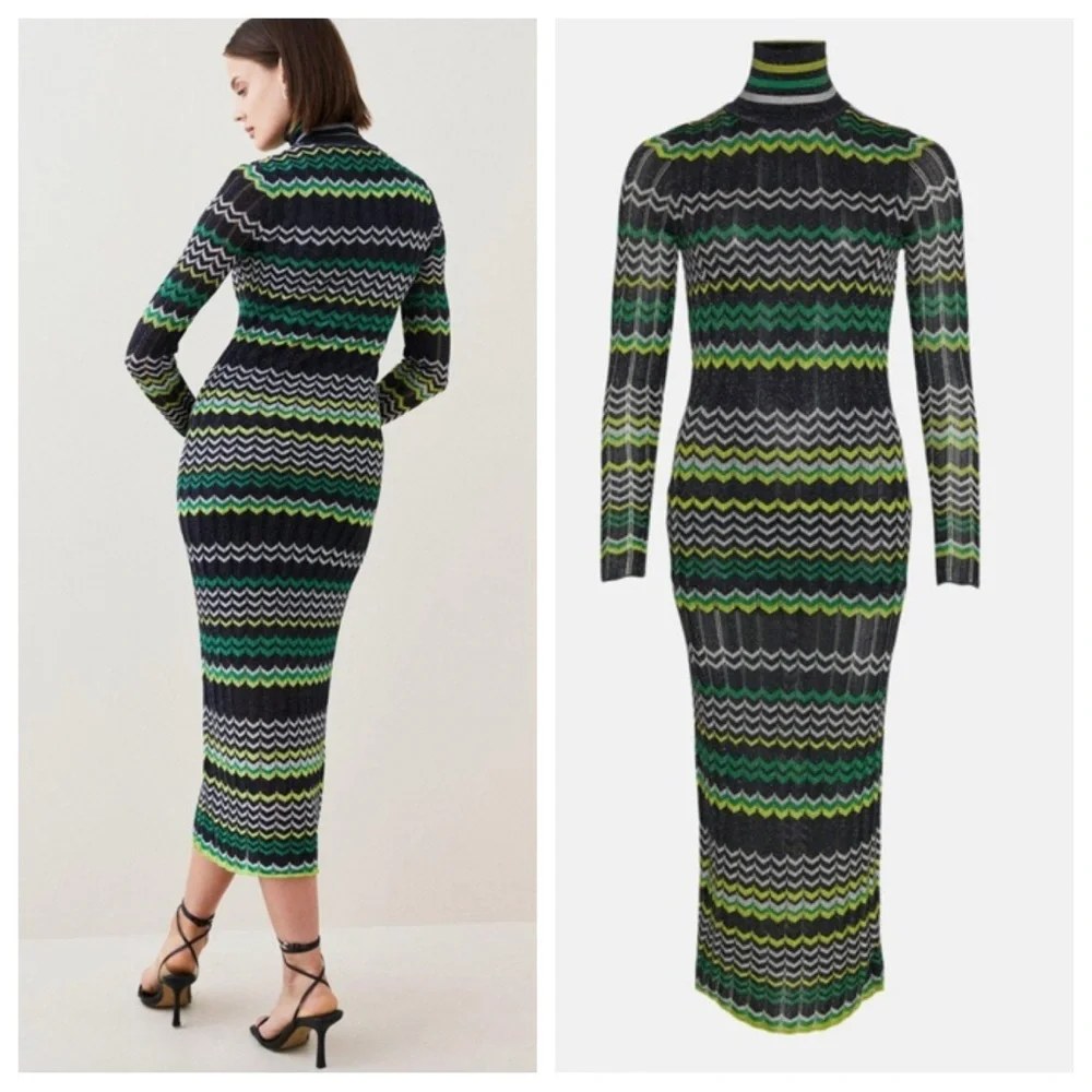 Karen Millen Patterned Sparkle Knit Roll Neck Jacquard Midi Dress